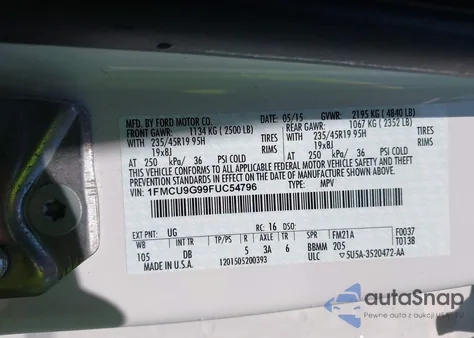 2015 Ford Escape Se из США, поврежденный, VIN 1FMCU9G99FUC54796